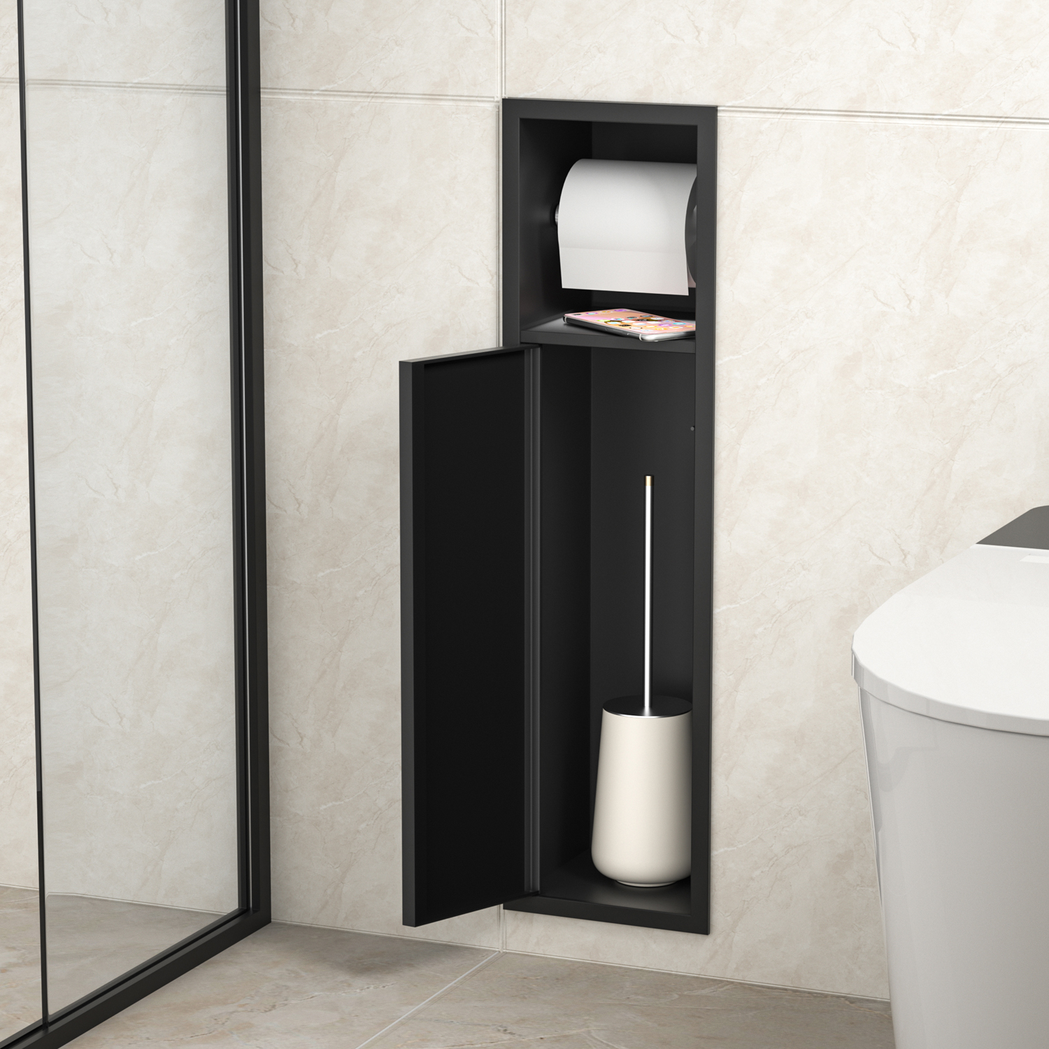 YF61130 Тот баспайтын болаттан жасалған қара түсті дәретхана қағазы ұстағышы, ванна бөлмесіне арналған жасырын щеткасы бар.