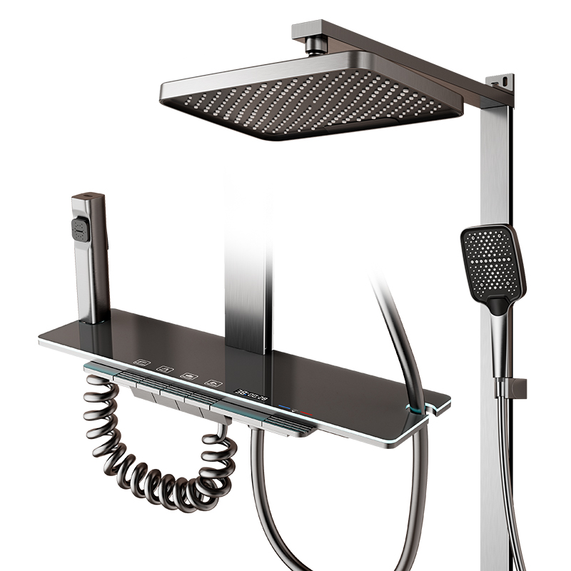 YF230530024 ‎Алюминий душ жүйесі термостатикалық күңгірт қара душқа арналған шүмек, пианино пернесі бар сандық дисплей қоршаған орта шамдары 12