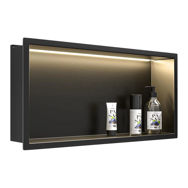 YF61119-2 24'X12' Matte Black Wall Niche, NO Tile Needless Steel Bathroom Niches with Non dimmable Led Light 3000K