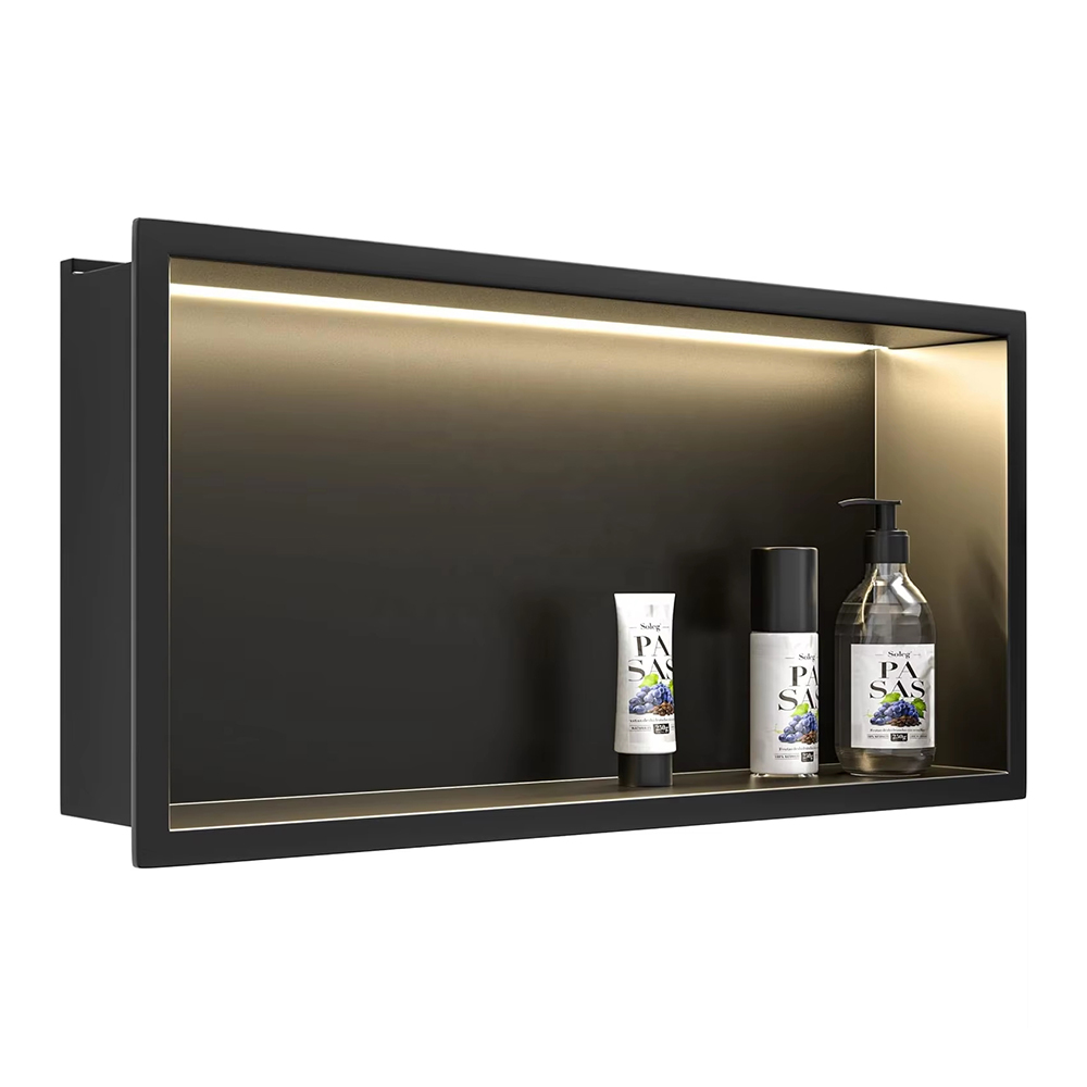 YF61119-2 24'X12' Matte Black Wall Niche, NO Tile Needless Stainless Steel Bathroom Niches with Non dimmable Led Light 3000K