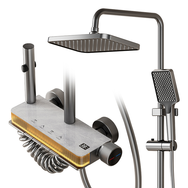 YF230530010 Aluminium Spatium White LED Thermostatic Shower Set, Water Powered Color Mutans Rainfall and Handheld Shower Combo