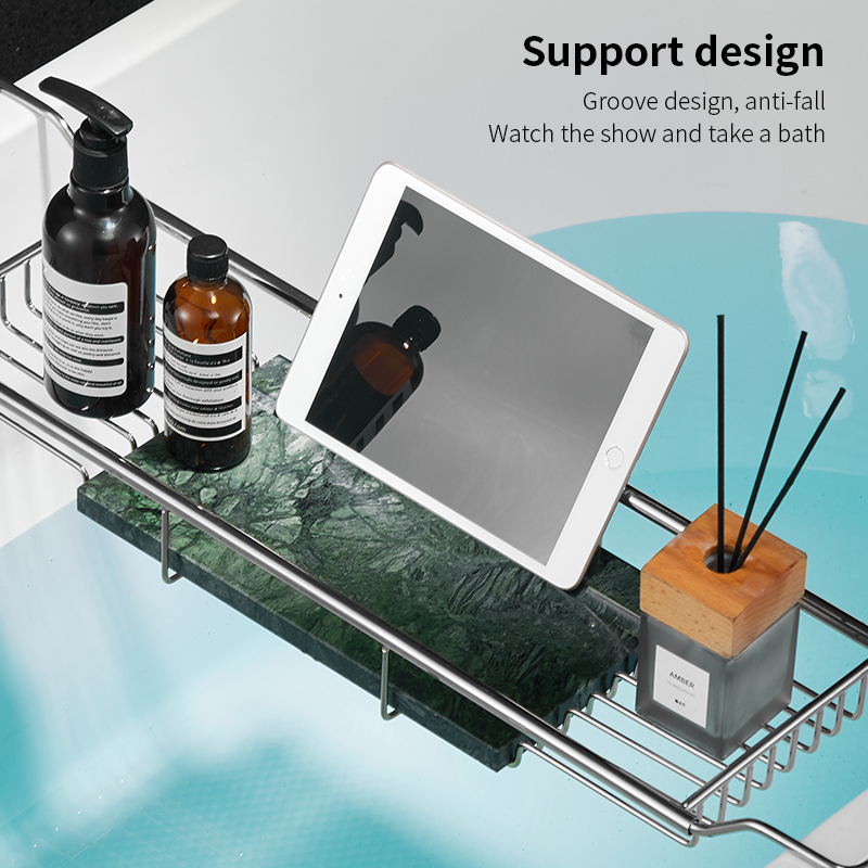 YF61120 Телефон сөресі бар ұзартылатын ванна науасы мәрмәр ұстағышы Металл мәрмәр ванна сөресі Ваннаға арналған сөре Тот баспайтын болаттан жасалған душқа арналған науасы ұзартылатын жақтары бар