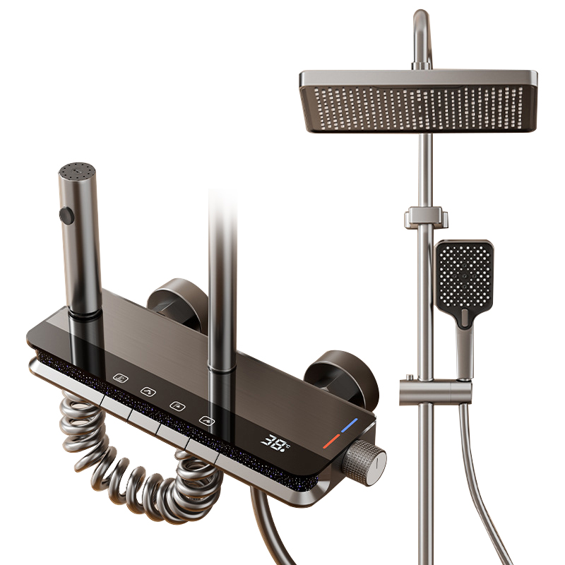 YF230530011 Ванна шүмегі бар ашық душ жүйесі, күңгірт қара ашық құбырлы 3 функциялы жезден жасалған душ клапаны