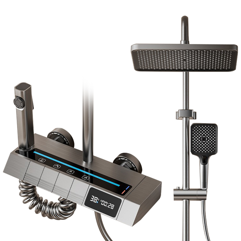 YF230530014 15 16 Қабырғаға орнатылатын ванна бөлмесінің жезден жасалған ваннасы жаңбырлы душқа арналған шүмегі Жезден жасалған ваннаға арналған сәнді жарықдиодты сандық душ жүйесі