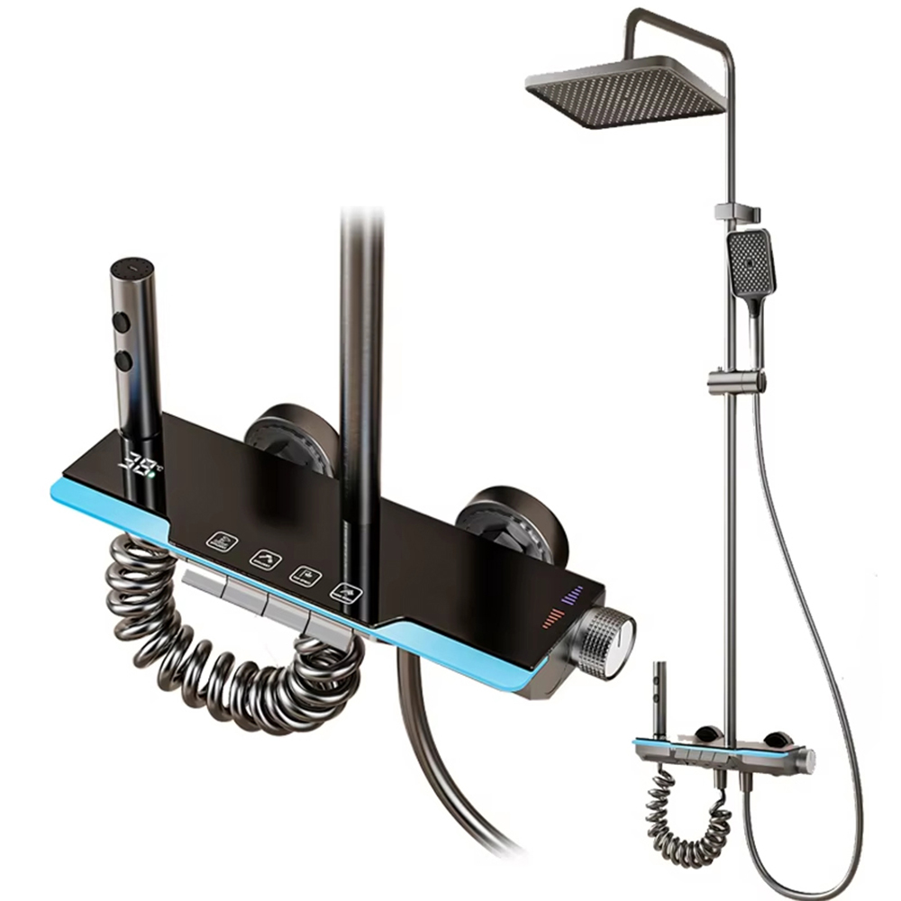 YF230530039 LED Shower Faucet Set Piano Style Rainlfall Bathroom LED Shower Faucet Set System Gray Digital Mixer Tap Bidet Shower Hot Cold Shower Shelf