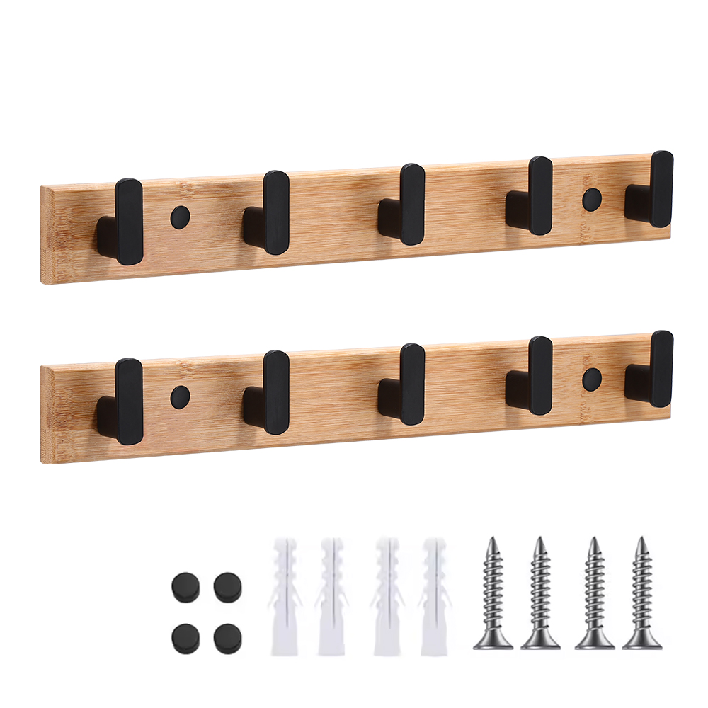 YF9159 Қабырғаға арналған 5 ілгекті бамбук ағаш пальто ілмегі бар рестикалық қабырға сөресі