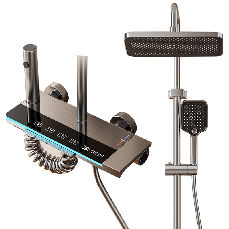 YF230530008 Сұр түсті 4-функциялы ванна бөлмесіне арналған душ жинағы Атмосфералық сандық дисплей ағыны жұмсақ бүріккіш үлгісіндегі жауын-шашынға арналған душ жинағы