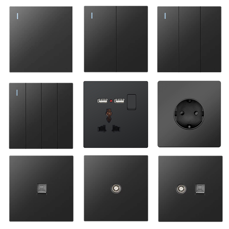 YF310100001-black Outlet El&eacute;ctrico Enchufe de pared con bot&oacute;n pulsador est&aacute;ndar del Reino Unido con 2 puertos USB color negro