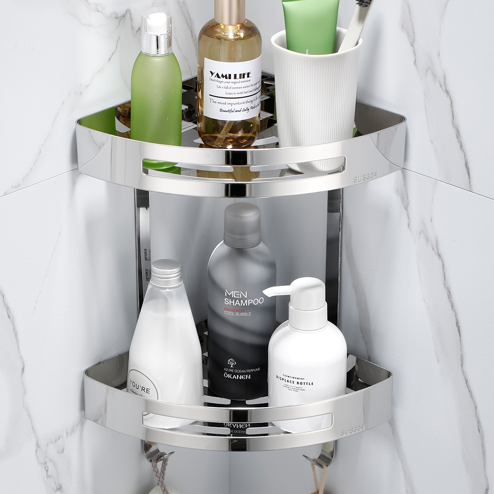YF61101 Corner Shower Shelves Triangularis Corner Shelf Wall Mounted with Guardrail, Sturdy Stainless Steel Bathroom Wall Shelves for Kitchen, Bathroom, Living Room