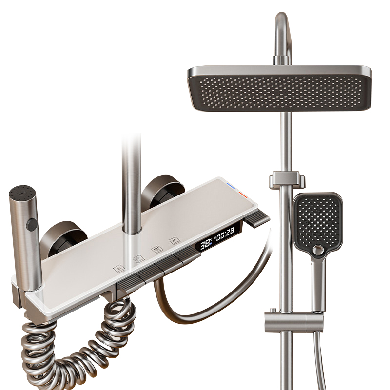 YF230530013 Қабырғаға орнатылатын ванна бөлмесіне арналған жезден жасалған ванна жаңбырлы душқа арналған шүмегі Жезден жасалған ваннаға арналған сәнді жарықдиодты сандық душ жүйесі