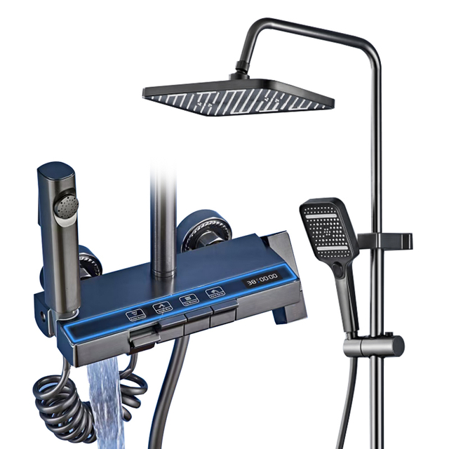 Piano Monocotyledones Thermostatic Piano Faucet Pone cum Digital Propono Imber Shower Combo Set Wall Mounted Grey Shower System with LED Ambient Lights