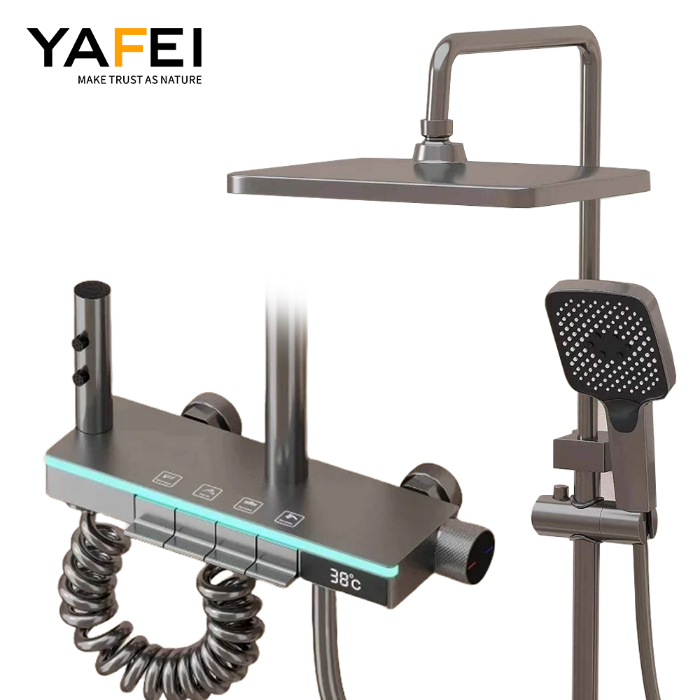 YF230530051 Modern Smart Solid Brass Bath & Shower Faucets High Quality Full Set Rain Shower Glass Grey Panel Polished-for Modern Bathrooms